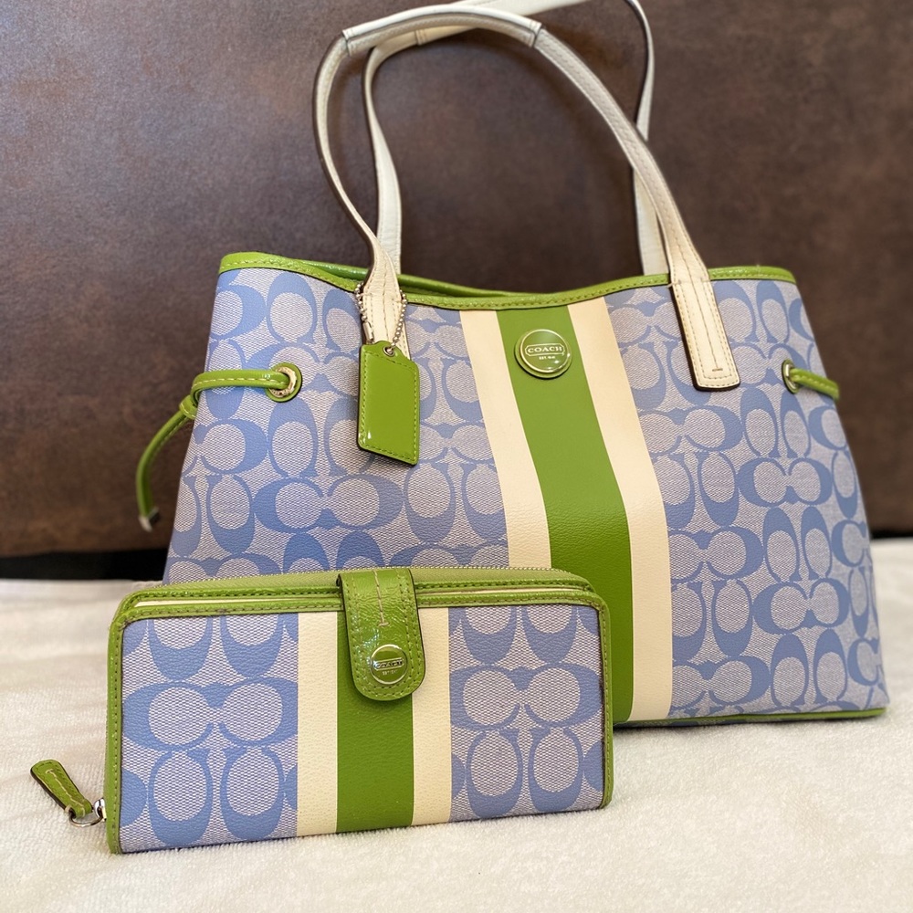 Green/blue/white Coach purse and wallet